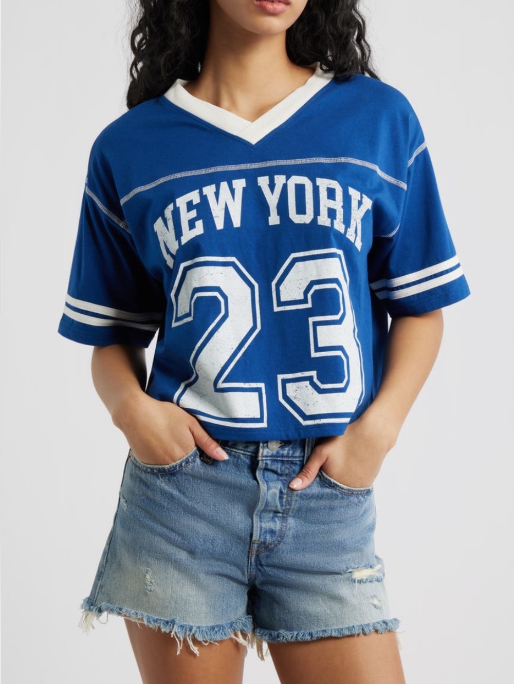 Blue "New York 23" V-Neck Cropped Tee
